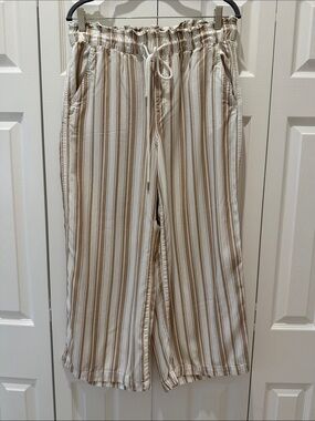 LOFT Beige and White Striped Wide-Leg Drawstring Pants